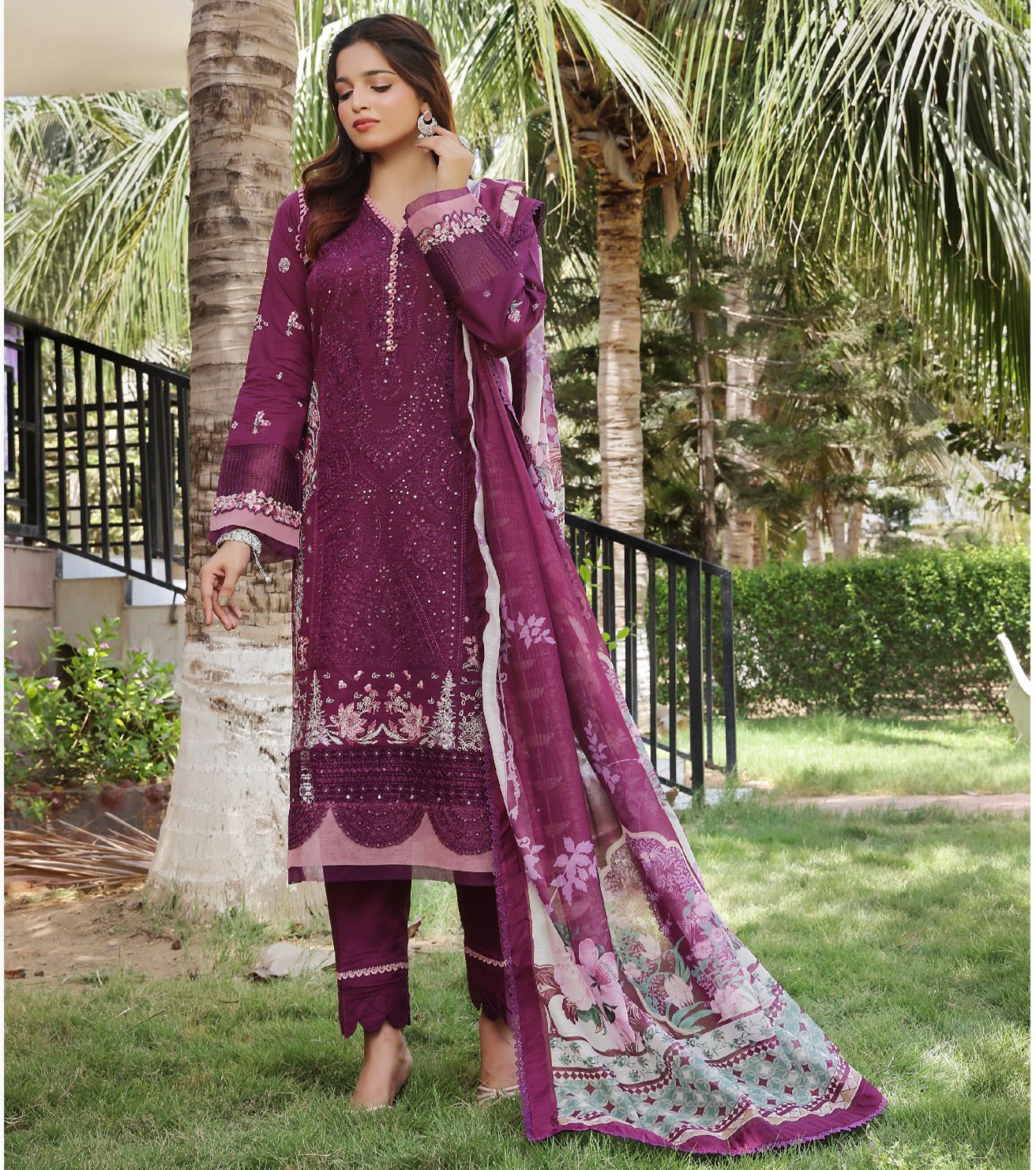 Deep plum Satrangi 3 piece tailor stitched suit with embroidered neckline and organza dupatta